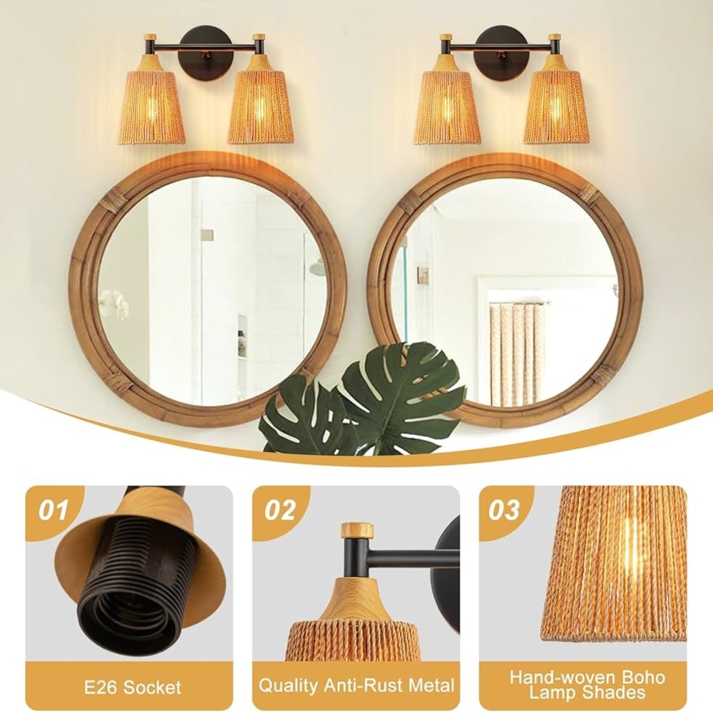 2-Light Bohemian Handwoven Shade Light Fixtures Wall Sconce Wall Decor Lighting - Picture 5 of 7